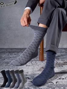 5 Pairs Men's Solid Color Basic Diamond Pattern Minimalist Business Mid-Calf Socks, Soft Comfortable Durable, Suitable For Business Workplace, Daily Commute, Gift - Multicolor - View 1