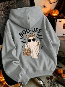 Plus-Size Women's Halloween Hoodie With A Leopard Ghost Print, Drawstring Pockets, Casual Sporty Style, Autumn And Winter Top, Pullover. - Grey - View 1