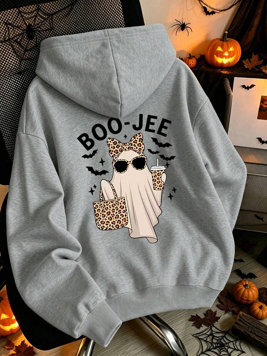 Plus-Size Women's Halloween Hoodie With A Leopard Ghost Print, Drawstring Pockets, Casual Sporty Style, Autumn And Winter Top, Pullover. - Grey - View 1
