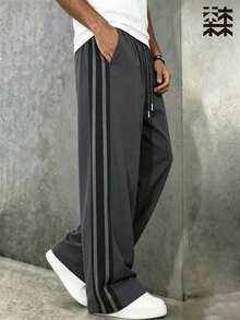 mulinsen Men's Side Colorblock Striped Wide Leg Sweatpants, Drawstring Elastic Waistband, Casual Streetwear Long Pants - Dark Grey - View 3