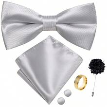 5Pcs Men Simple Solid Silver Bow Tie Pocket Square Cufflinks Ring Boutonniere Set, Cufflinks Pattern Random For Wedding Business Party - Silver - View 2