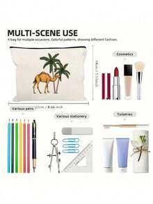 Date Palm Tree Camel Print Makeup Bag, Portable Zipper Cosmetic Pouch, Desert Style Travel Toiletry Storage Bag For Women,Middle Eastern Style,Boho Desert Pattern,Arabic Style, Lightweight, Multi‑Purpose, Gift For Her, Daily Cosmetic Storage - Multicolor - View 9