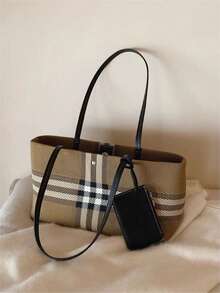 JIANSHANGGUSHI Ladies' British Retro Woven Check Tote Bag, Large-Capacity Commuter Shoulder/Handheld Bag, Includes A Free Small Coin Pocket. - Brown - View 5