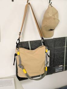Outdoor Style Tote Bag With Contrasting Woven Rope Strap Design, Capacity, Lightweight Single Shoulder Crossbody Bag, Versatile Bag Bag For Commuting - Khaki - View 9
