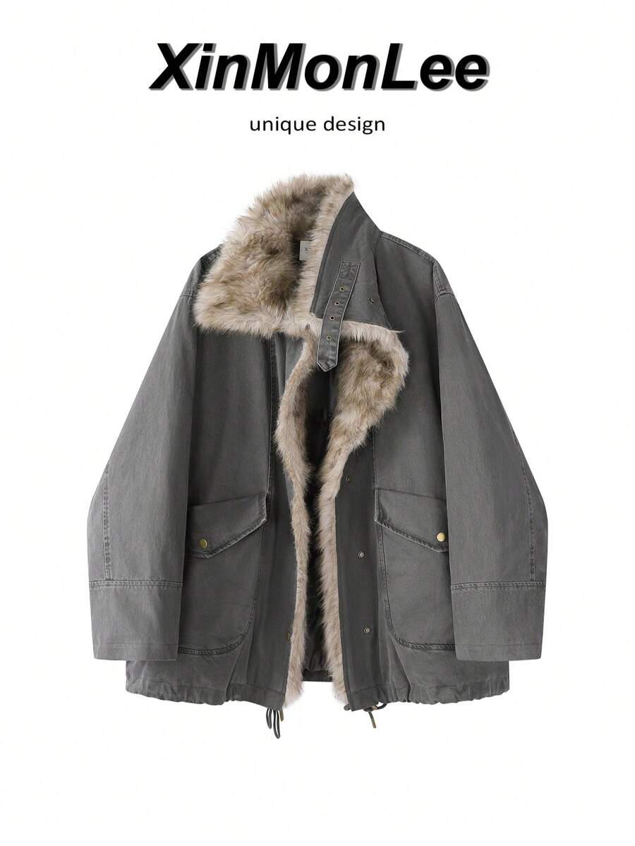 Faux Fur Washed Collar Workwear Parka Coat Warm Loose Down Jacket Button Up Top College Office Daily Winter - Grey - View 1