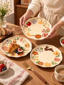 Hand-Painted Fruit Doodle 8.5 Inch Ceramic Plate, Hand-Painted Underglaze Craft, Asymmetrical Hand-Molded Plate, Salad Plate, Pasta Plate, Dessert Plate, Multi-Purpose Serving Tray, Suitable For Daily Use And Gifting. - Multicolor - View 6