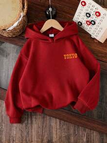 Young Boy Cartoon Pattern Warm Hooded Sweatshirt - Red - View 2