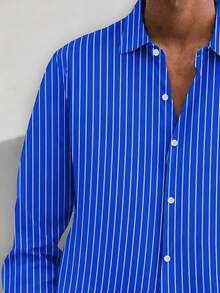 Kemeja Lengan Panjang Pria Ukuran Besar Ringan dengan Motif Garis-Garis Vintage, Kasual, dan Cetak Digital 3D untuk Perjalanan, Cocok untuk Komuter. - Biru - View 6