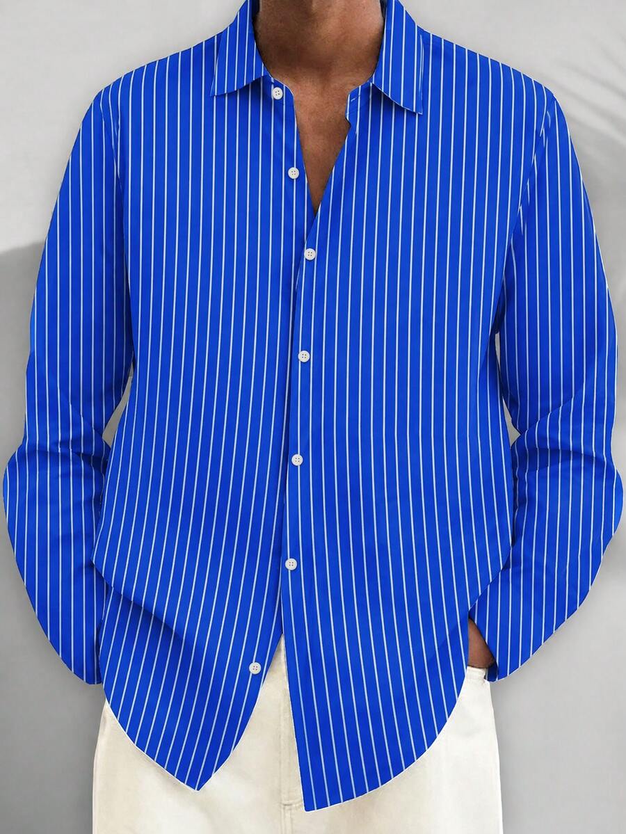 Kemeja Lengan Panjang Pria Ukuran Besar Ringan dengan Motif Garis-Garis Vintage, Kasual, dan Cetak Digital 3D untuk Perjalanan, Cocok untuk Komuter. - Biru - View 1
