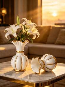 1 Piece Modern Luxury White Gold Ribbed Ceramic Vase For Living Room Decor - 1PC - View 7