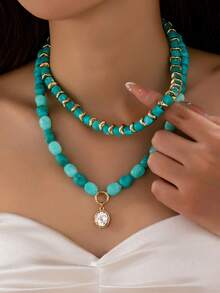 OABE 2pcs/Set Bohemian Style Asymmetrical Handmade Beaded Necklace With Oval Faux Gemstone Pendant, Suitable For Women's Daily Wear, Random Bead Color And Shape - Multicolor - View 2