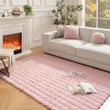 1pc Faux Rabbit Fur Bubble Plush Rectangular Large Area Luxury Cream Style Wave Decor Rug, Fluffy Soft Premium Polyester Plush Home Living Room Sofa Mat, Bedroom Bedside Carpet, Study Room, Walk-In Closet, Pet Mat, Chair Cushion, Machine Washable, Fade-Resistant, Creates Cozy Home Atmosphere - Dusty Pink - View 3