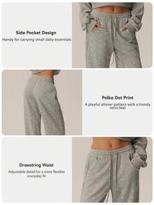 Women's Polka Dot Wide Leg Sweatpants, Elastic Drawstring Waist, Side Pockets, Casual Jogging Pants - Light Grey - View 3