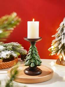 1pc Christmas Tree Candle Holder, Resin Holiday Candle Stand, Vintage Green & Brown Christmas Flat - B - View 3