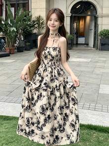 Sexy Vacation Style Floral Print Shirred Design Spaghetti Strap Dress - Apricot - View 1