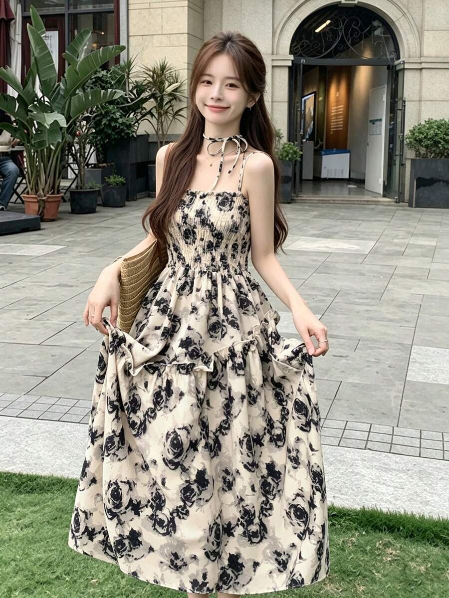 Sexy Vacation Style Floral Print Shirred Design Spaghetti Strap Dress - Apricot - View 1