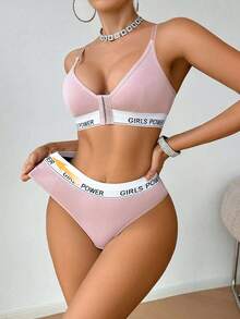 Runway Rest Front Close Wireless Letter Graphic Bra Sets For Women - Dusty Pink - View 6
