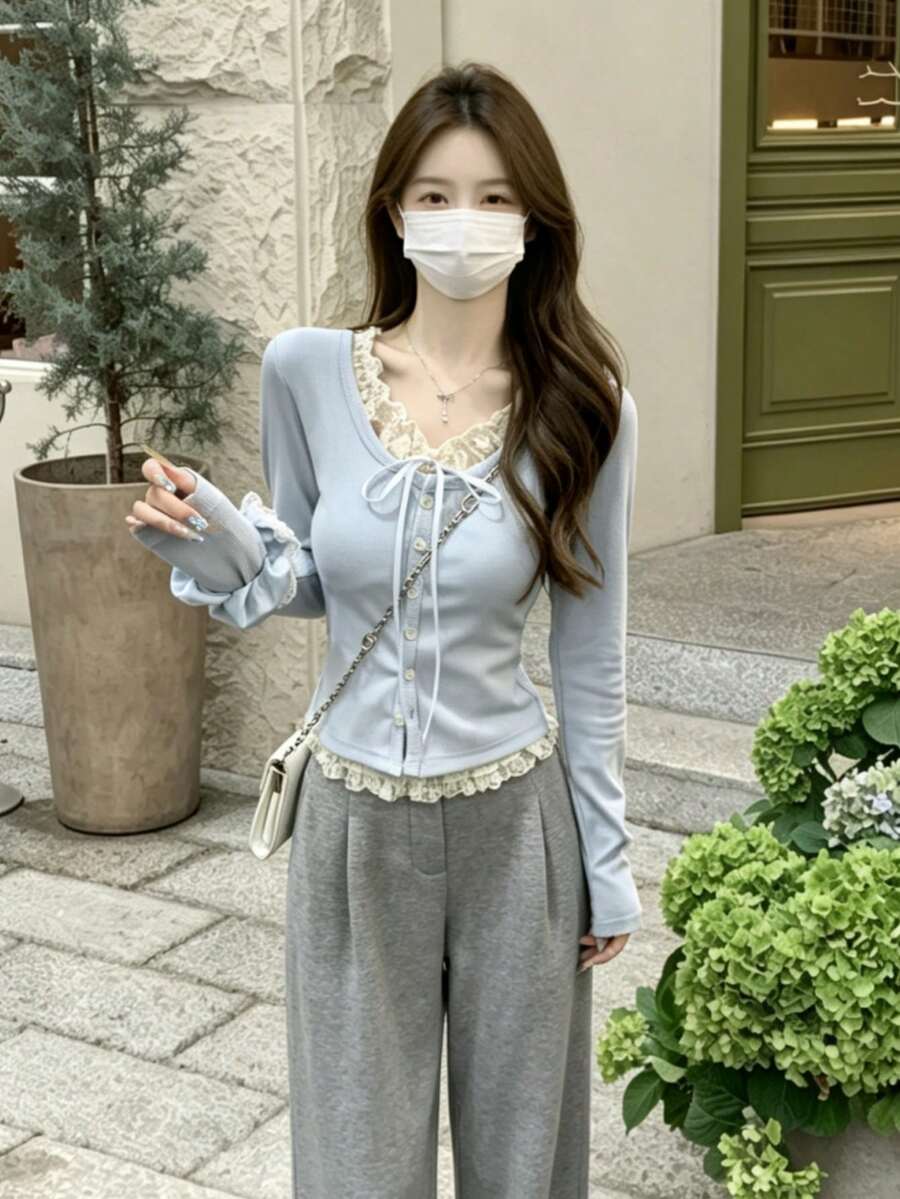 Women's Light Blue Knitted Long Sleeve Top, 2 In 1 Lace Trim, Tie Front, Round Neck Regular Fit Blouse, Cute Style Pullover