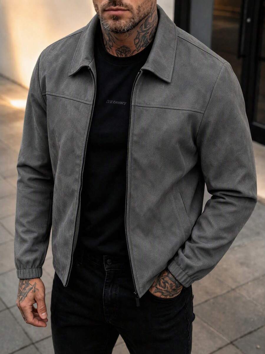 Men's Casual Lightweight Jacket, Minimalist Versatile Fashion Lapel Collar Outerwear For Spring & Autumn - Grey - View 1