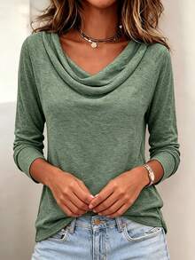 Women's Casual Solid Long Sleeve Drop Neck T-Shirt, Fashion Ladies Top - Green - View 5