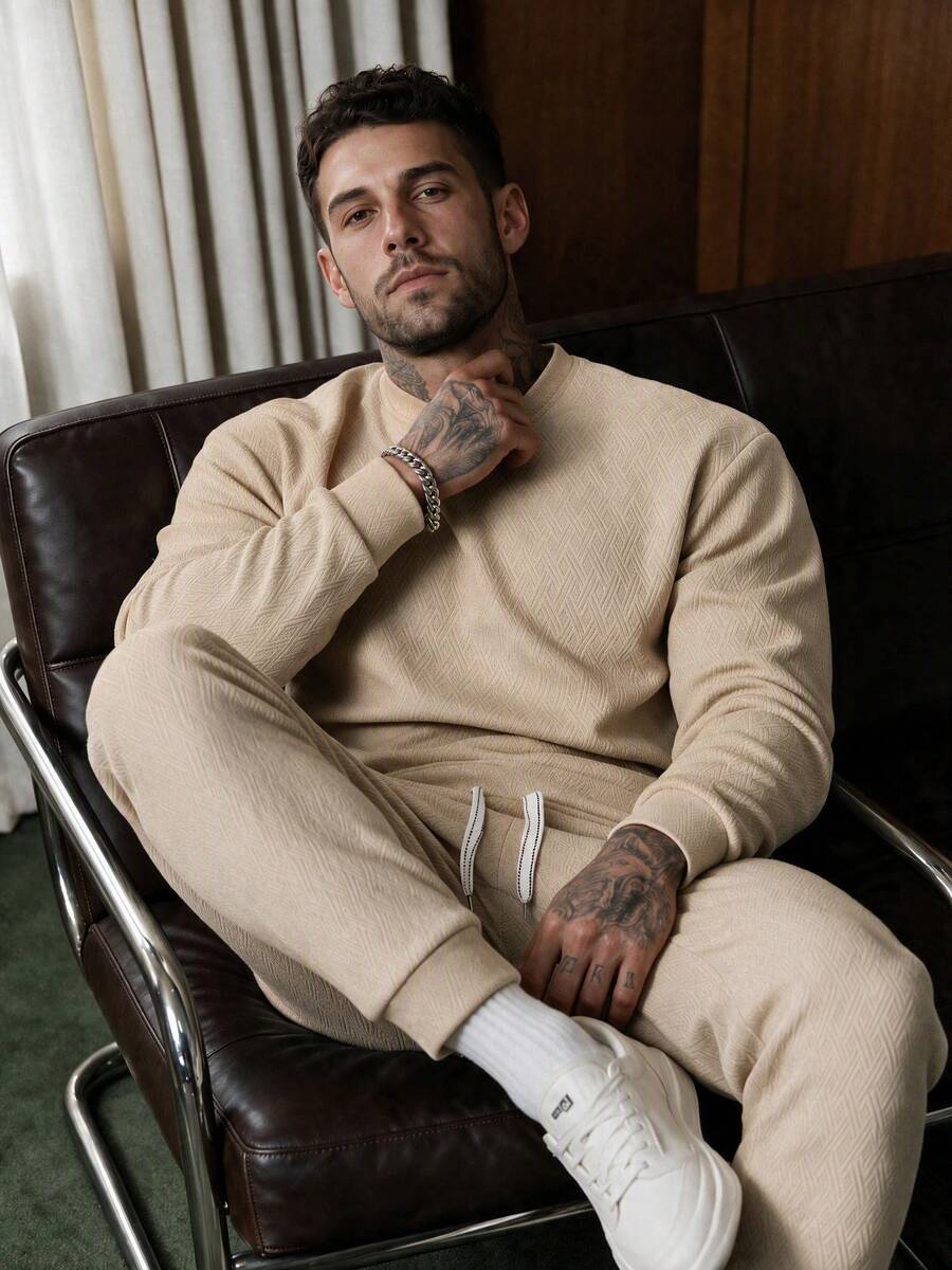 Men's Spring/Autumn Daily Commute Fashion Casual Versatile Sports Sweatshirt & Pants Set - Khaki - View 1