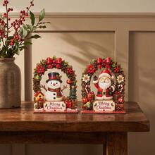 1/2pcs Vintage Santa Claus & Snowman Wooden Decorative Figurines, Wreath Arch Design, Rustic Style, Suitable For Home, Holiday Party, Country Dining Table Decor Gift, Christmas Decoration - Christmas Ornament - View 1
