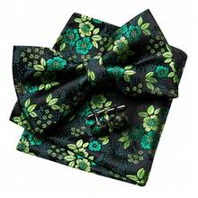 5Pcs Men Green Small Floral Jacquard Bow Tie Pocket Square Cufflinks Ring Boutonniere Set, Cufflinks Pattern Random For Wedding - Green - View 3