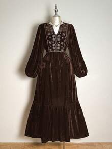 Rusttydustty Autumn/Winter Embroidered V-Neck Velvet Long Sleeve Daily Back To School Vintage Fashion Holiday Elegant Dress - Brown - View 6