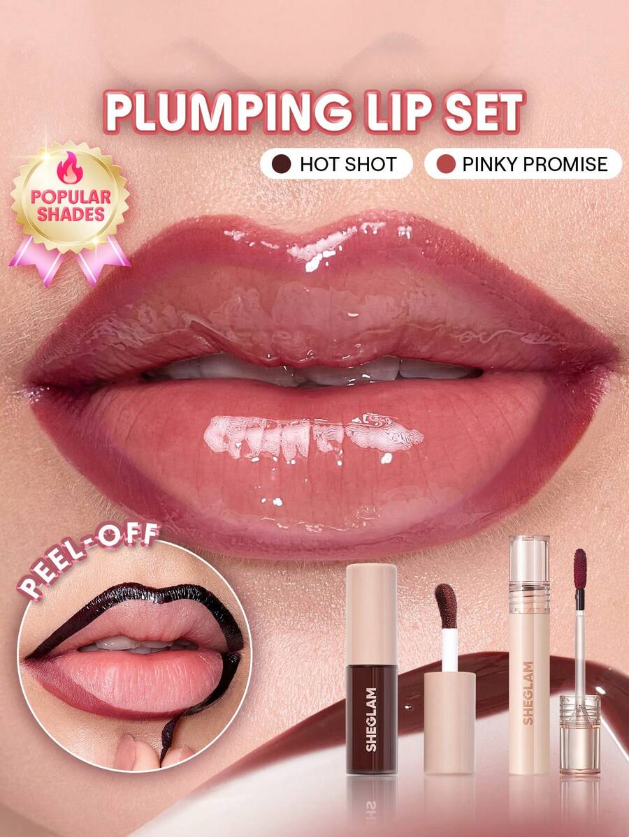 SHEGLAM [2Pcs] Fall In Line Peel Off Lip Liner Stain & Jelly Wow Tinted Lip Oil Bundle Set - Pinky Promise+Hot Shot - View 1