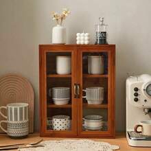 1pc Vintage Style Wooden Storage Cabinet With Glass Doors, Freestanding Hardwood Desk Organizer For Cosmetics And Home Decor, Multi-Layer Display Case, Red - Redwood - View 5