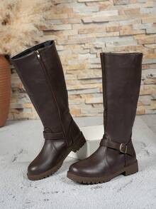 Fall/Winter 2025 Simple & Fashionable Women's Knee High Boots, Non-Slip, Comfortable, Versatile Buckle Decor, British Style, Plus Size - Brown - View 8