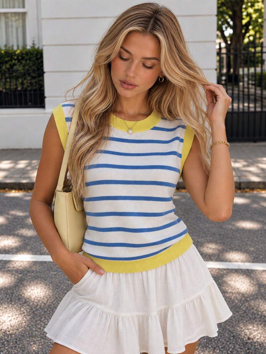 YuwenierPOP Preppy Nautical White Blue Stripe Knit Top Yellow Contrast Trim Crew Neck Cap Sleeve Drop Shoulder Sweaters Vacation Fall Campus Wear - Blue and White - View 1