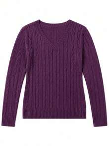 1pc Women's Solid Color Cable Knit V-Neck Slim Fit Sweater, Vintage Long Sleeve Pullover Knit Top, Suitable For Daily Wear, Commuting, Dating - Purple - View 3