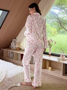 Sweet Style Rose & Bow Print Pajama Set, Ruffle Hem Lantern Sleeve Top + Long Pants, Women's Autumn/Winter Home Sleepwear - Pink - View 2