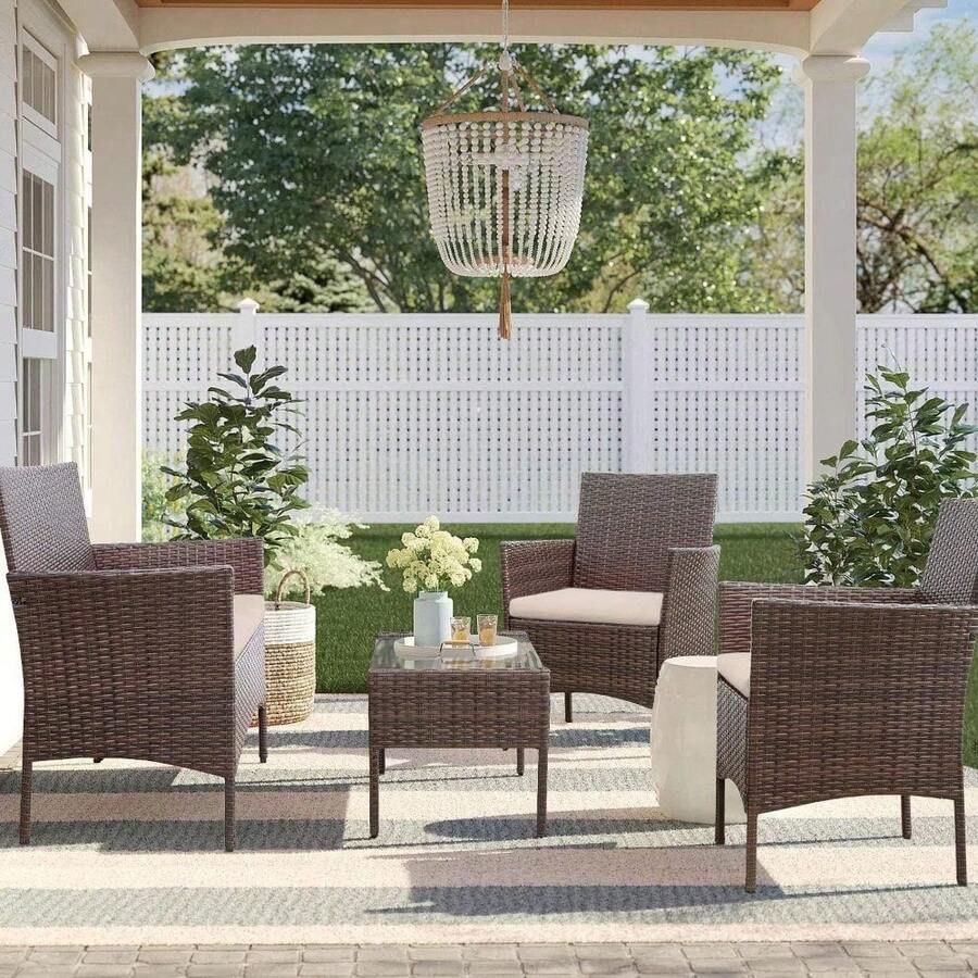 4-Piece Rattan Outdoor Garden Furniture Set, Including 2 Armchairs, 1 Double Sofa And 1 Table, Suitable For Indoor And Outdoor Use - Brown - View 1