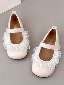 New Minimalist Light Beige Girls' Mary Jane Flats, Round Toe With Lace Decor And Convenient Hook And Loop Closure, Breathable Durable Non-Slip Rubber Sole, Children's Flat Shoes Suitable For Daily Wear, Vacation, Party, Holiday And Celebration Outfits - Beige - View 1