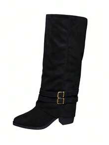 Women Knee High Boots, Buckle Strap Design, Low Block Heel - Black - View 2
