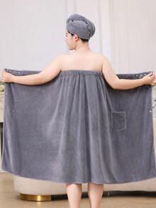 女款大尺碼加厚浴袍/浴帽/浴巾/居家休閒服套裝 - 灰色 - 查看 3