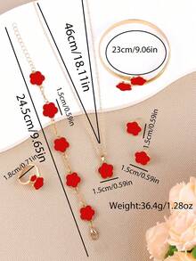 6pcs/Set Lucky Clover Designed Bracelet, Necklace, Earrings, Bangle And Ring Set - Red - View 5