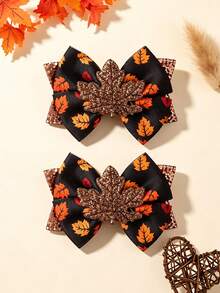 2/3PCS Children Maple Leaf Print Bow Hair Clips, Sequin Bow Cartoon Maple Leaf Accessory Decorative Hair Clips, Suitable For Autumn/Winter Outdoor Wear - Multicolor - View 9