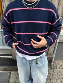 Men's Colorblock Striped Crew Neck Knit Sweater, Casual Retro Long Sleeve Pullover - Navy Blue - View 1