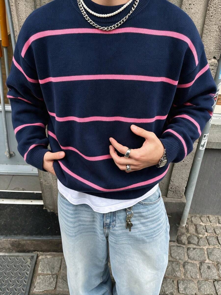 Men's Colorblock Striped Crew Neck Knit Sweater, Casual Retro Long Sleeve Pullover - Navy Blue - View 1