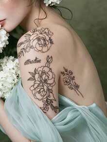 STARTTOOS Black Aesthetic Floral Branch & Leaf Pattern Party Gift Music Festival DIY Holiday Gift Temporary Waterproof Tattoo Stickers For Arm, Shoulder, Neck, Back, 1pc/Pack - Black - View 4