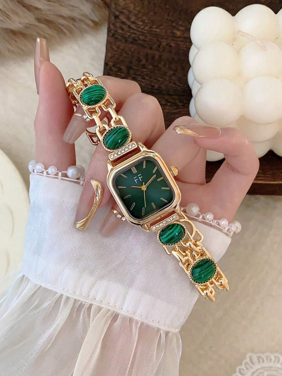 1件復古金色女款石英手錶,綠色錶盤,綠色珠飾錶帶,條形刻度,適合日常穿著與派對 - 金色 - 查看 1