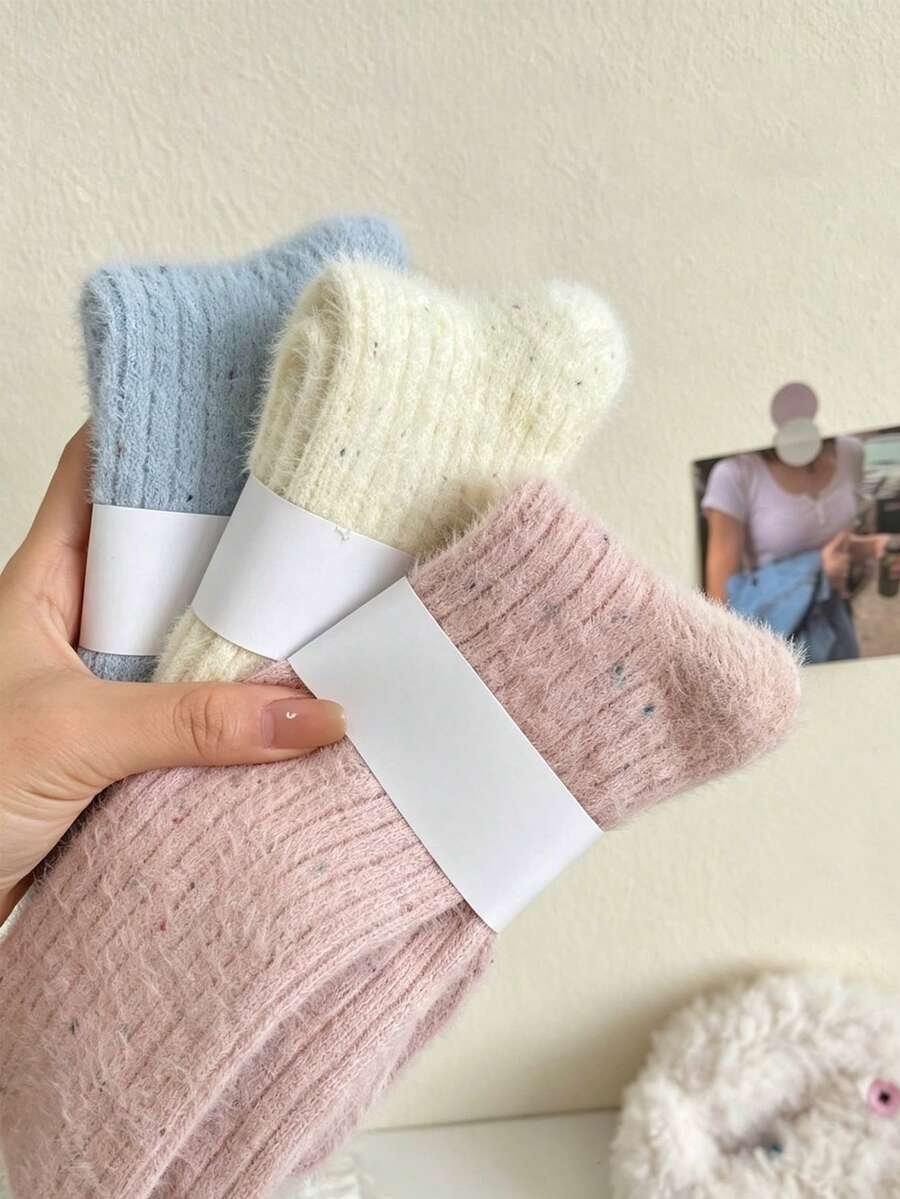 1/3/6 Pairs Solid Color Polka Dot Woolen Fuzzy Women Socks, Long/Mid-Calf Thick Warm Autumn/Winter Ins Style Slouch Socks - Multicolor - View 1