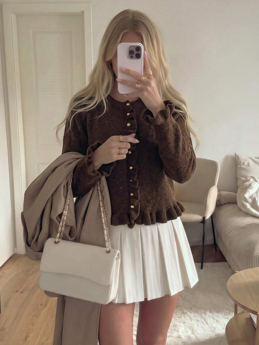 Cardigan Rajut Lengan Panjang Leher Bulat Gaya Vintage Musim Gugur Wanita dengan Tepi Berumbai dan Kancing Logam, Sweater Lembut yang Elegan - Coklat - View 1