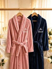 Personalized Couple Bathrobe Set, Honeymoon Bathrobe, Anniversary Gift, Customized Embroidered Mr & Mrs Bathrobe, Wedding Gift - Multicolor - View 4
