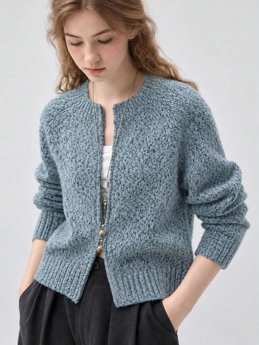 Women's Autumn/Winter Minimalist Casual New Colorblock Zip-Up Round Neck Knit Cardigan Sweater Jacket - Dusty Blue - View 1