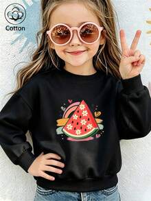 Girls' Cute Printed Drop-Shoulder Round-Neck Long-Sleeve Casual Sports Sweatshirt - Black - View 10