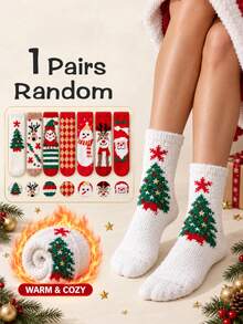 1/3/5 Pairs, Random Festive Designs,Women's Christmas Fuzzy Crew Socks, Cozy Plush Winter Lounge Socks, Holiday Stocking Stuffers - Multicolor - View 9